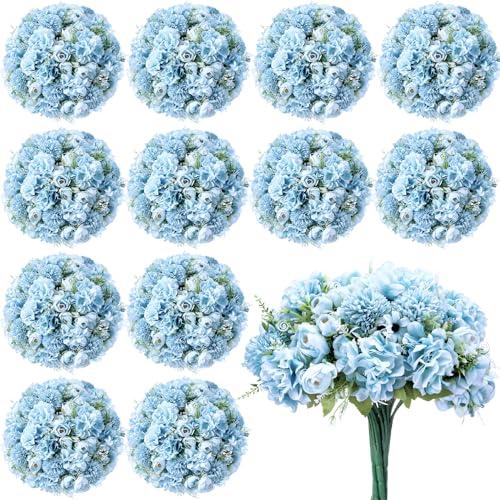 Tigeen 12 Bundles Peonies Artificial Flowers Faux Roses Silk Flowers Hydrangea Artificial Bouquet for Wedding Table Centerpiece Floral Vase Home Office Bridal Decor (Blue)