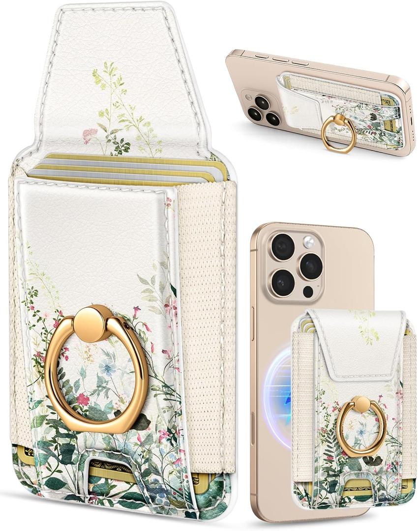 Shorogyt Compatible with Magsafe Wallet with Grip Magnetic Card Holder - Cute Phone Wallets with Ring Stand for iPhone 17/16/15/14/13/12 Series for Women Girls Ink Bouquet Design, Fit 7 Cards
