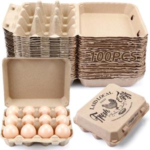 Zhanmai 100 Pack Egg Carton Bulk 12 Chicken Duck Egg Carton Vintage Printed Farm Fresh Crate with 3 x 4 Holds Recycled Paper Cardboard Sturdy Reusable Box Holder(Classic Style)