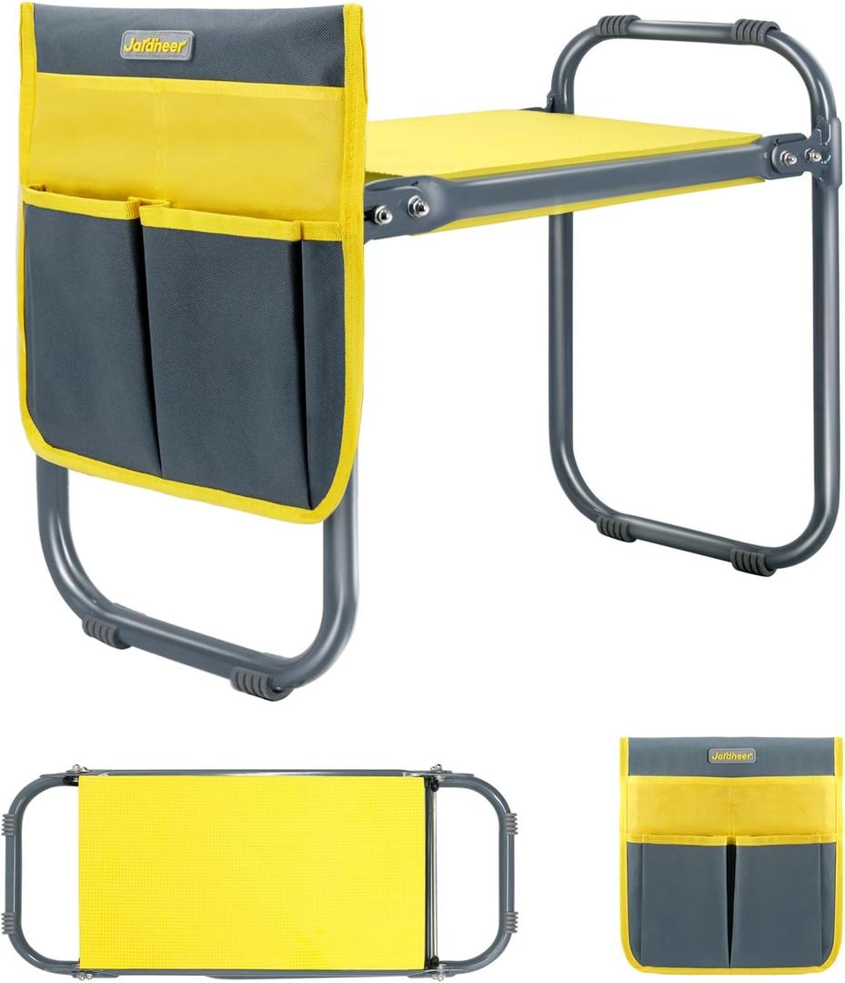 Jardineer Gardening Kneeler and Seat, Foldable Garden Stools for Seniors Gifts, Kneeling Stool and Knee Pad in One Step, Portable Gardening Bench Load Cap 350 lbs with Tools Bag