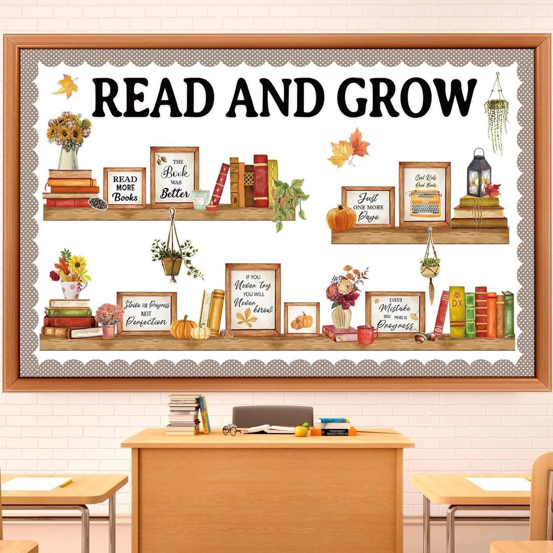 Qilery Bookshelf Bulletin Board Set Read and Grow Motivational Classroom Decor Reading Library Bulletin Board Set Inspirational Cutout for Back to School Classroom Decoration