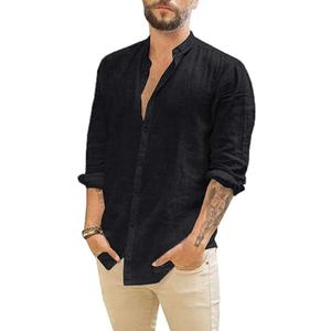 Mens Long Sleeve Linen Shirts Casual Button Down Shirt Regular Fit Summer Beach Wedding Shirts (Black, XL)