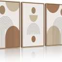 KUVIOKE Botanical Boho Framed Wall Art Modern Bohemian Plants Wall Decor Natural Brown Geometry Lines Prints Artwork for Living Dining Room 16x24in (Natural Framed) (24L" x 16W" x 3 Panels Natural)