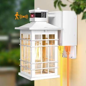 Porch Light with GFCI Outlets Built-in, Motion Sensor Dusk to Dawn Outdoor Light Fixture Wall Lantern, Aluminum Anti-rust Outside Wall Sconce Front Door, White Exterior Wall Light for Patio Garage (11.4 inch, White(1-Pack))