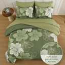 Luxudecor Floral Comforter Set Queen Size, 7 Pieces Bed in a Bag Olive Green Floral Comforter and Sheet Set, Soft Microfiber Green Complete Bedding Sets for All Seasons