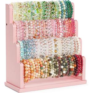 Emfogo Bracelet Holder, 4 Tier Bracelet Organizer Storage for Bracelets Bangles Watch Scrunchies, Rustic Wood Jewelry Organizer Display for Home, Vendors, Craft Shows and Store(Pink)