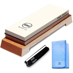 KING Whetstone Starter Set Include 1000/6000 Grit Combination Whetstone made in Japan, Knife Angle Holder, B&B Japan Original Wiping Cloth and Stable Plastic Base