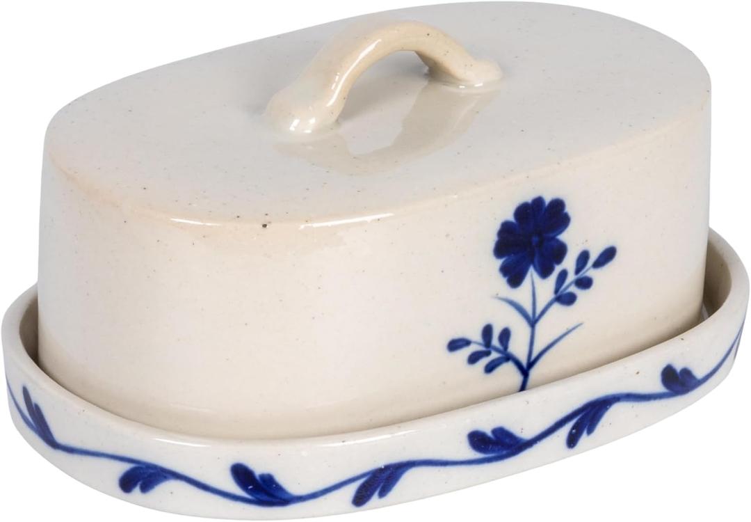 Creative Co-Op Hand-Painted Stoneware Butter Dish with Flower, Blue and White