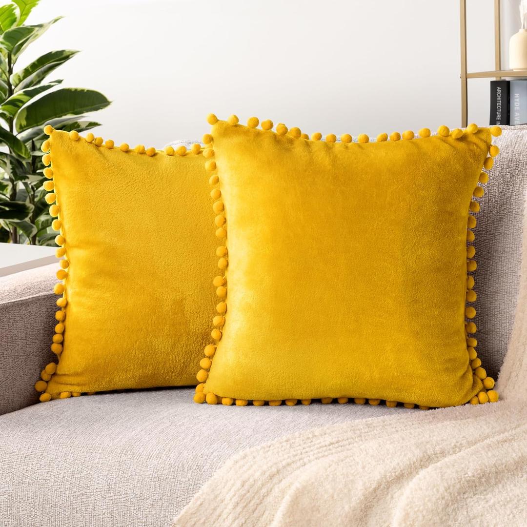 PAVILIA Mustard Yellow Throw Pillow Covers with Pom Pom 18x18 Set of 2, Decorative Pillow Cases for Bedroom Aesthetic, Small Throw Pillows Set for Bed, Velvet Euro Plush Cushion Covers for Sofa Couch
