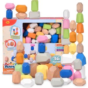 36 PCS Wooden Bright Earth Color Sorting Stacking Rocks Stones,Sensory Toddler Toys Learning Montessori Toys, Building Blocks Game for Kids 3+, Boy and Girl Birthday Gifts for Kids