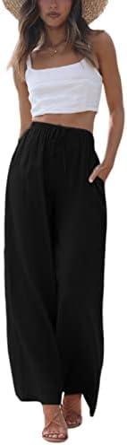 Faleave Women's Cotton Linen Summer Palazzo Pants Flowy Wide Leg Beach Trousers with Pockets, S