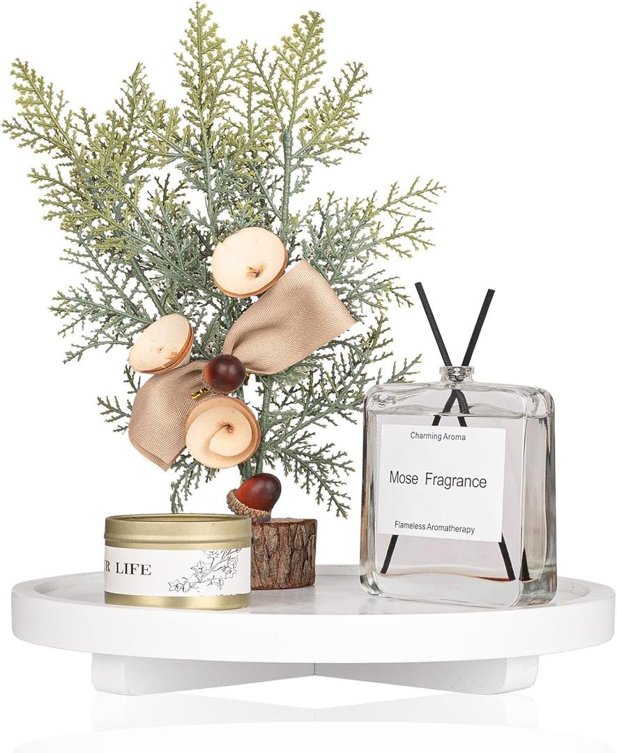 Round Decorative Tray Wood Bathroom Counter Organizer Farmhouse Kitchen Decor Wooden Riser for Soap Dish, Perfume, Candle, Sponge, 10" - White