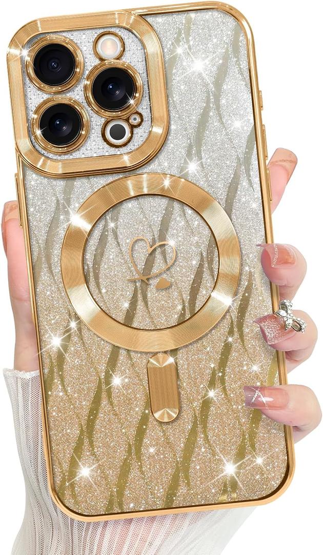 Bonoma Compatible with iPhone 16 Pro Case Support for MagSafe, Plating Heart Glitter Magnetic Checkered Case TPU Camera Protection Back Cover for Girls Women -Gold