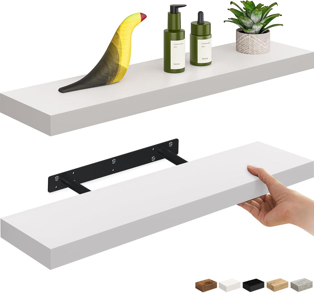 Ballucci Floating Shelves, 24" Wood Wall Shelf Set of 2, with Invisible Brackets for Bathroom, Living Room, Bedroom, Kitchen, Nursery, 6" Deep, White