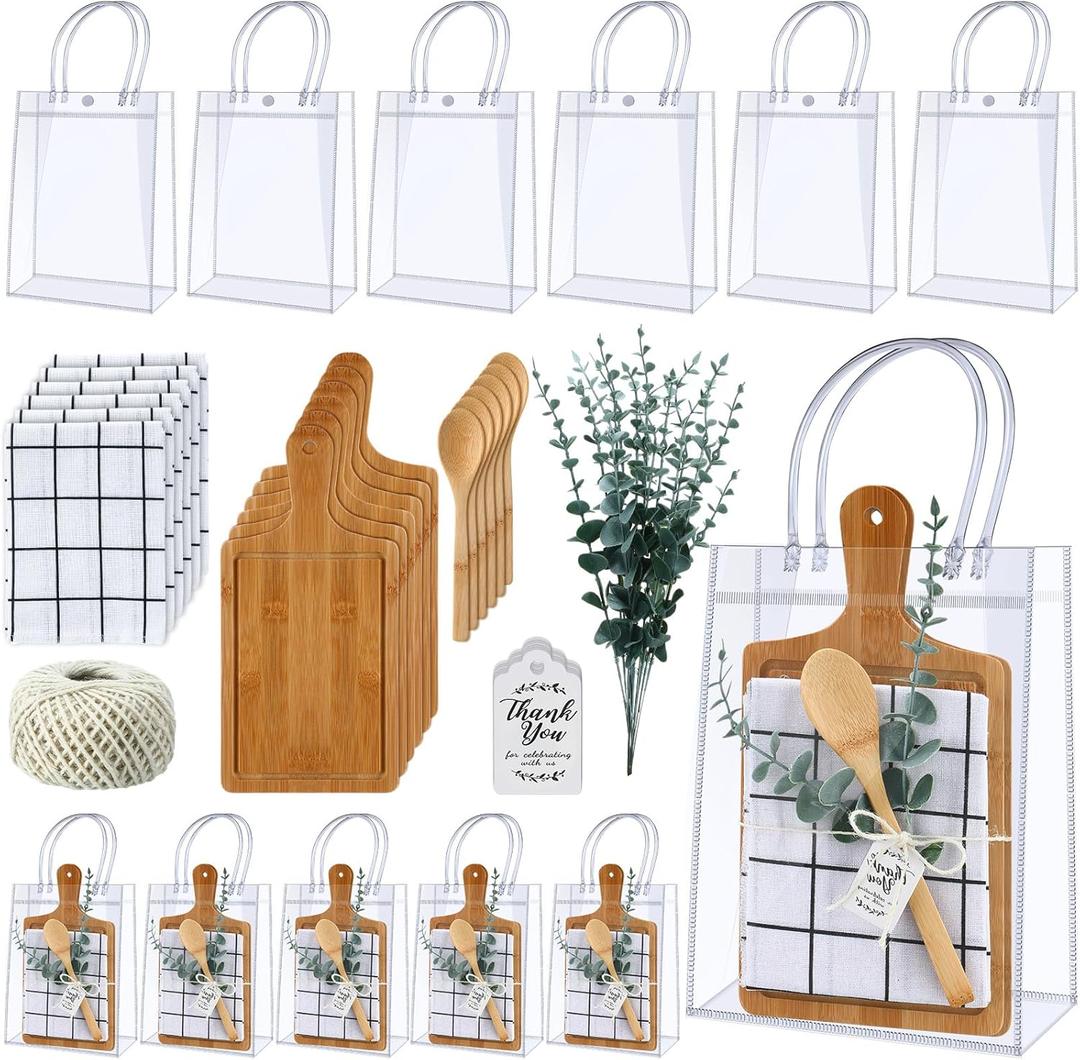 6 Sets Baby Shower Prizes for Game Player Baby Shower Winners Guest Gifts Bamboo Cheese Board Bamboo Spoon Plaid Towel Artificial Eucalyptus Stems Tag Bag for Wedding Bridal Favors(Rectangle)