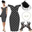 JenPen 5 Pcs Halloween Vintage Polka Dot Dress for Women 1950s Derby Tea Party Attire Retro Pencil Bodycon Size M