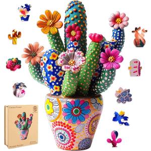 Mys Aurora Puzzles for Adults Cactus Flower Wooden Puzzles, 200 Pieces Unique Shaped Jigsaw Puzzles, FSC Certified Birthday for Adults and Kids, Fun Challenge Family Game 10'' x 14'' Medium Size