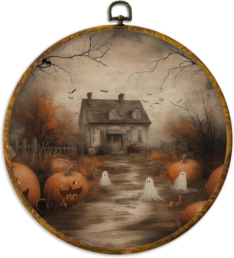XPH Vintage Halloween Fall Pumpkin Round Wall Art Framed, Retro Country Cabin Ghost Pumpkin Circle Wall Decor, Rustic Autumn Hanging Canvas Prints for Home Bedroom Living Room Decoration, 10x10 Inch (Colour06)