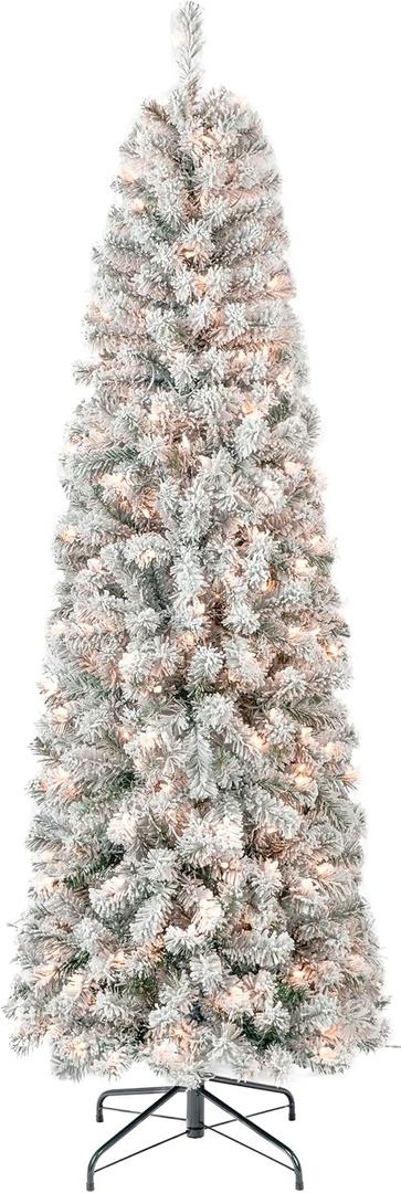 Flocked Pencil Christmas Tree with Lights 6.5Ft, Artificial Prelit Christmas Tree with 250 Clear Lights, Clearance Pencil Xmas Snowy Trees