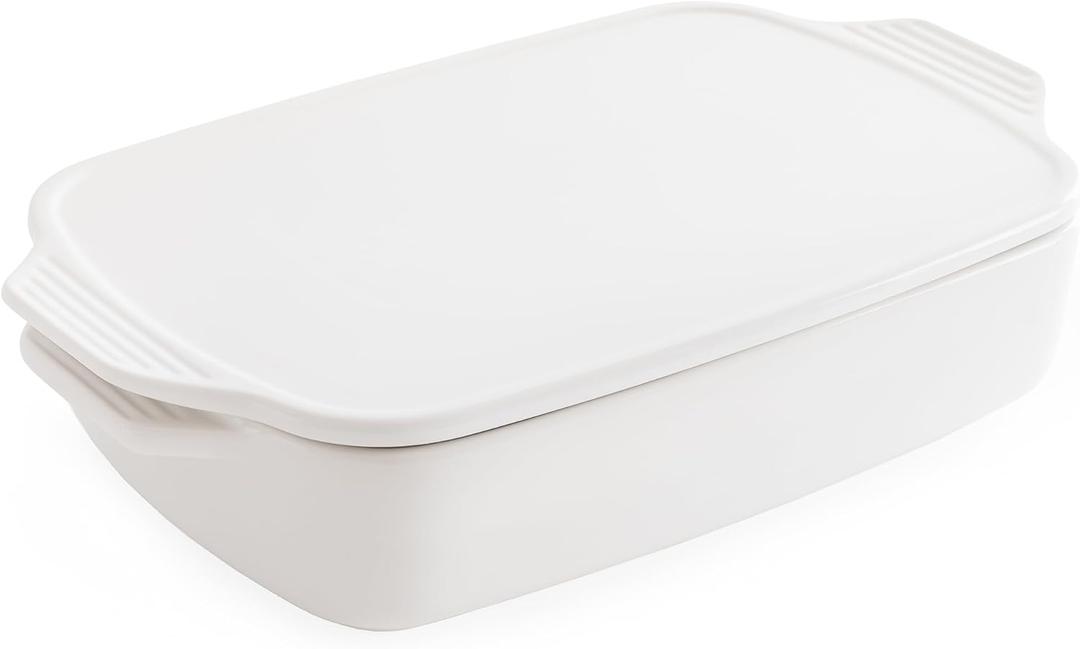 Chef Pomodoro Casserole Dish 15.50  9.30", White Ceramic Baking Dishes for Oven, Deep Ceramic Casserole, Elegant Baking Dish with Lid, Oven Bakeware Ideal for Lasagna, Roasting