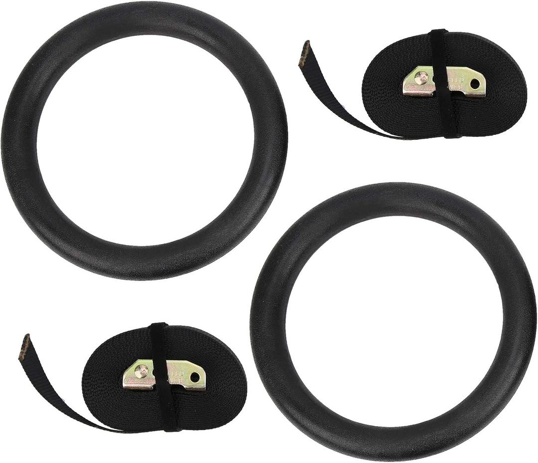 Drfeify Gymnastics Rings with Adjustable Straps, Black, 9.3 Inch Diameter, Polyester and ABS Material, for Strength Training
