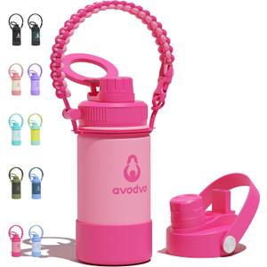 12 oz Insulated Water Bottle with 2 Lids (2-in-1 Straw & Spout Lid, Magnetic Lid), Kids Water Bottle with Strap, Kids Stainless Steel Water Bottle for School, PA-Free, Pink
