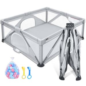 ANGELBLISS Baby Playpen, Foldable Playpen for Babies and Toddlers, Indoor & Outdoor Baby Activity Center with Visible Breathable Mesh, Portable Play Yard with 2 Handlers+50 Balls (71*79in, Grey)
