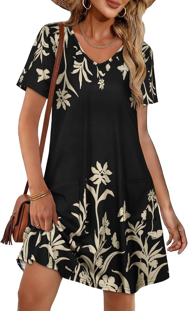 CHICGAL Summer Dresses for Women V Neck Short Sleeve Casual Loose T Shirt Sundress Beach Cover Ups with Pockets (XX-Large, Black Floral)