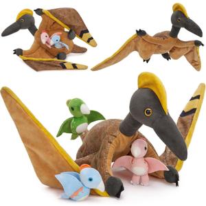 MaoGoLan 4 Pcs Pterodactyl Stuffed Animal with 3 Babies Inside Belly, 37 inch Pterodactyl Plush for Kids Giant Dinosaur Toy Dino Squad Party Favors Decorations Christmas (Pteranodon Families)