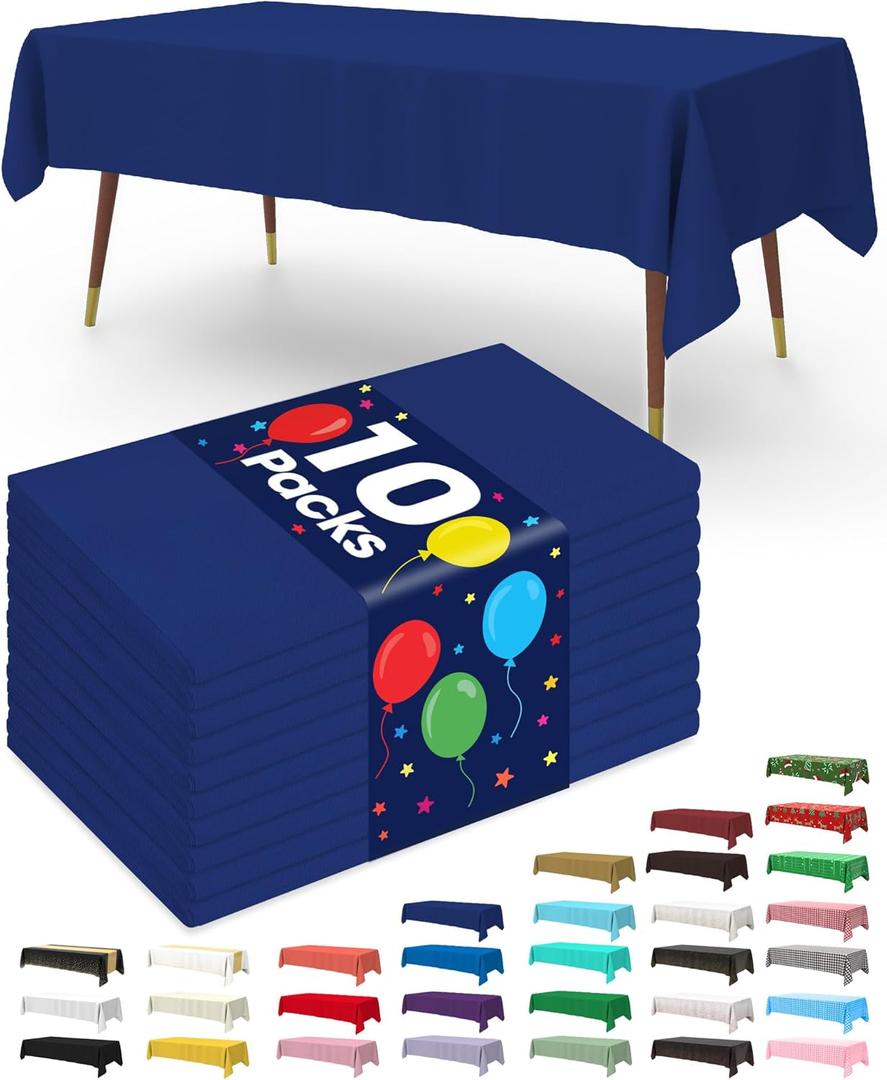 Pureegg Plastic Table Cloth Disposable 10 Pack, 52 x 70 Inch Table Cloths, Patriotic Decorations, Thanksgiving, Veterans Day Tablecloths, Rectangle, Plastic Cover, Waterproof & Sturdy, Navy Blue