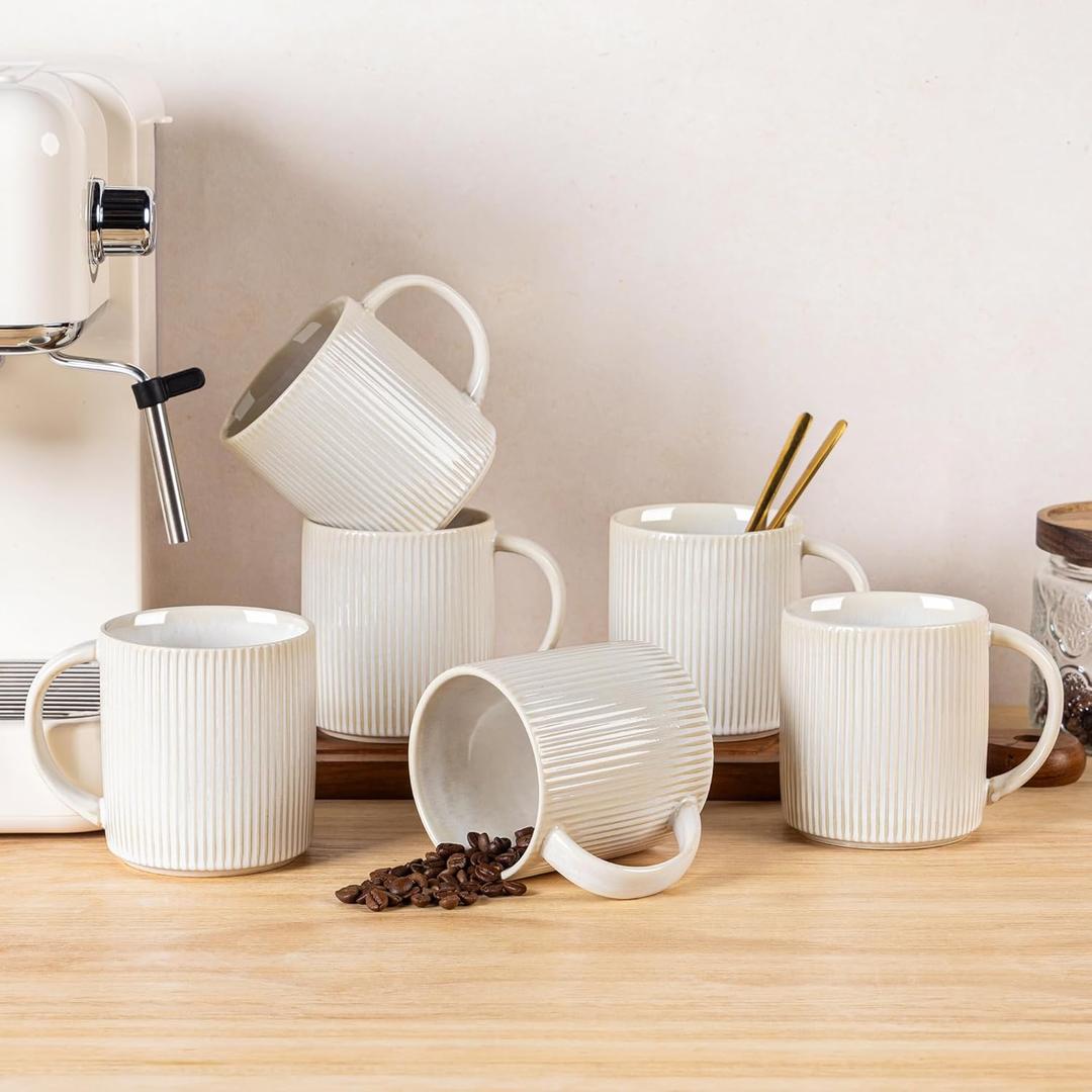 theterra Ceramic Coffee Mugs Set of 6, 14.2oz Handmade Coffee Cups with Handle for Latte, Tea, Milk, Beer, Hot Cocoa, Reactive White