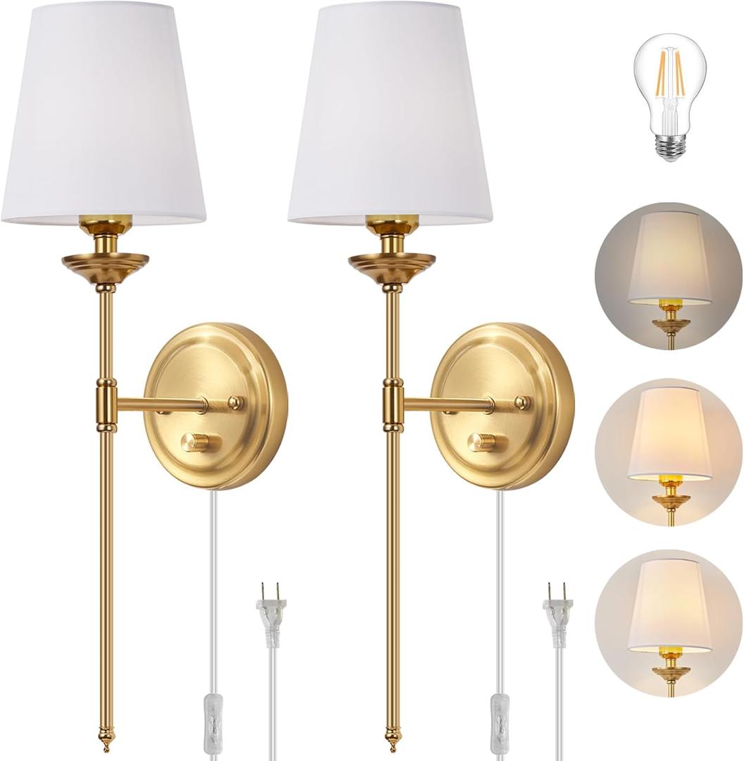 Dimmable Plug in Wall Sconces Set of 2, Gold Bedside Wall Lamp with Knob Dimmer Switch and 6.5FT Electric Cord, Mid Century Modern Bathroom Wall Light Fixture for Bedroom Living Room