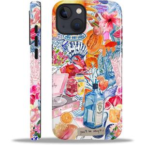 Compatible with iPhone 15 Plus Case - Hybrid Heavy Duty 2 in 1 Full Body Rugged Shockproof Protection Glossy Case for iPhone 15 Plus - Coastal and Fruity Summer Collage