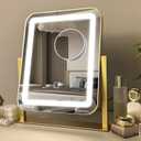 HNV 15"x13" Gold Vanity Mirror with Lights, Small LED Makeup Mirror for Desk, 3 Color Modes & Dimmable Touch Control, 360 Rotation Metal Frame, USB Plug-in Lighted Mirror for Bedroom, Dorm, Teen Gift