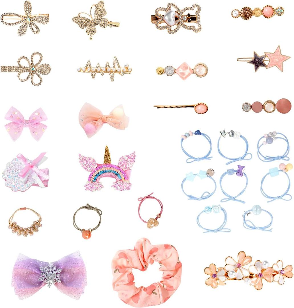 Hair Accessories Kit for Girls Including 32 Pieces Hair Clips, Hair Barrettes, Hair Ties, Hair Bows - Great Gift for Birthday, Christmas, Party, Age 4-15 (Crystal)
