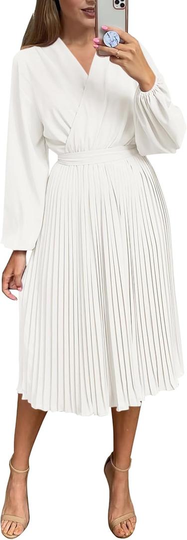 PRETTYGARDEN Women's Fall Midi Dress Long Puff Sleeve Wrap V Neck Flowy Ruffle Pleated Casual Dresses (White, X-Large)
