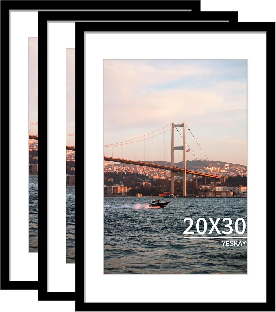 20x30 Picture Frame Black Set of 3, Display Pictures 16x24 with Mat or 20 x 30 Without Mat, Poster Frames 20x30 for Wall Hanging Horizontal and Vertical