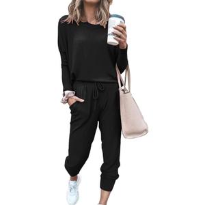 PRETTYGARDEN Women's Spring Fall 2 Piece Lounge Outfit Long Sleeve Crewneck Pullover Tops High Waisted Pants Set Tracksuit (Large, Black)