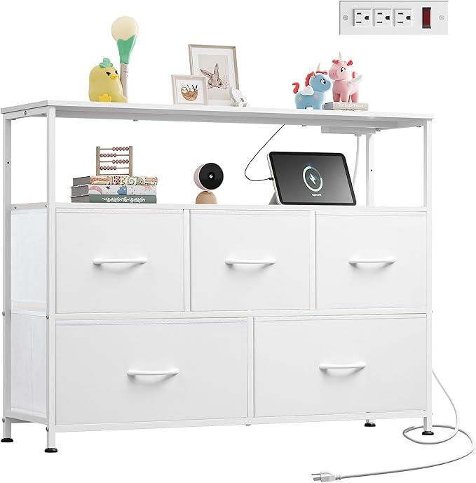 WLIVE White Dresser for Bedroom, 5 Drawer Dressers with Charging Station, Fabric Chest of Drawers with Open Shelves, Storage Dresser for Living Room, Closet, Entryway