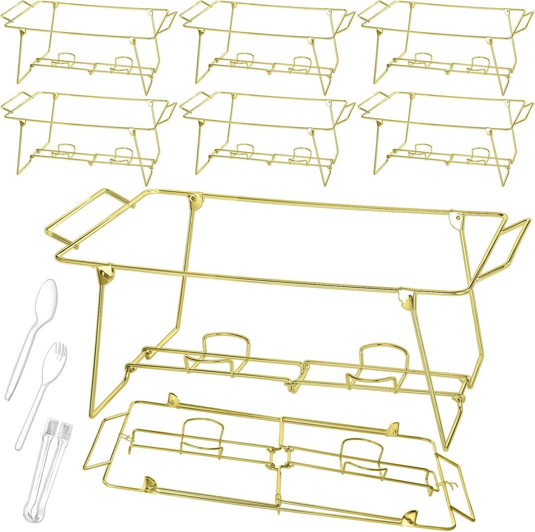 Geosar 32 Pack Wire Buffet Rack Stand Folding Chafing Stand Chrome Frame Serving Trays Food Warmer with Plastic Tongs Forks and Spoons for Christmas Thanksgiving Home Party Catering Supplies(Gold)