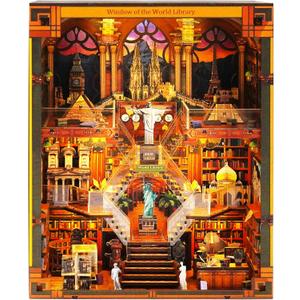 Book Nook Kits for Adults – The World Library Booknook – 3D Wooden Puzzle with LED Lights – Creative Bookshelf Insert & Educational Gift for Book Lovers & DIY Enthusiasts