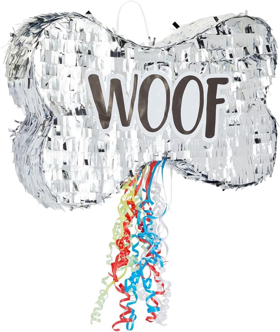 BLUE PANDA Dog Pinata Pull String Bone-Shaped - Small, 16.8 x 10 x 3 in, Silver Foil - Dog Birthday Pinata for Puppy Party - Party Decor & Birthday Decorations