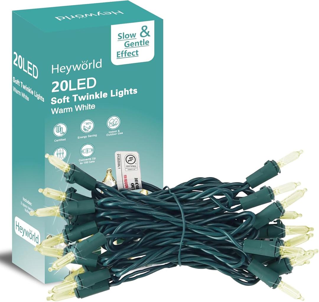 Heyworld Slow Twinkle Lights, 20 Led Soft Twinkling Mini Christmas String Lights on Green Wire Cord, UL Approved 7 Ft, Connect Up to 100 Sets, Indoor Outdoor Use, Warm White (1, 20LED)