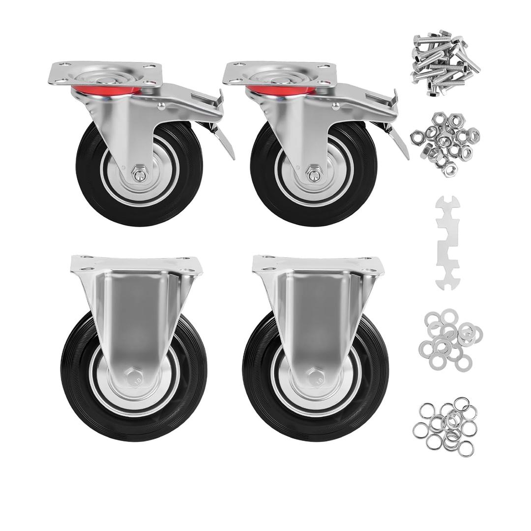 3 Inch Caster Wheels Set of 4, Heavy Duty Casters with Brake, Rubber Locking Casters for Cart, Workbench,Black (3"(2 Fixed+ 2 Swivel with Brake), 4)