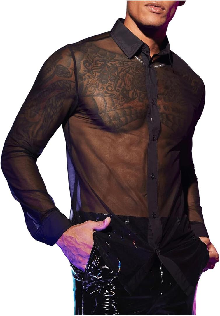 COZYEASE Men's See Through Mesh Button Down Shirt Long Sleeve Collared Tops Streetwear, L