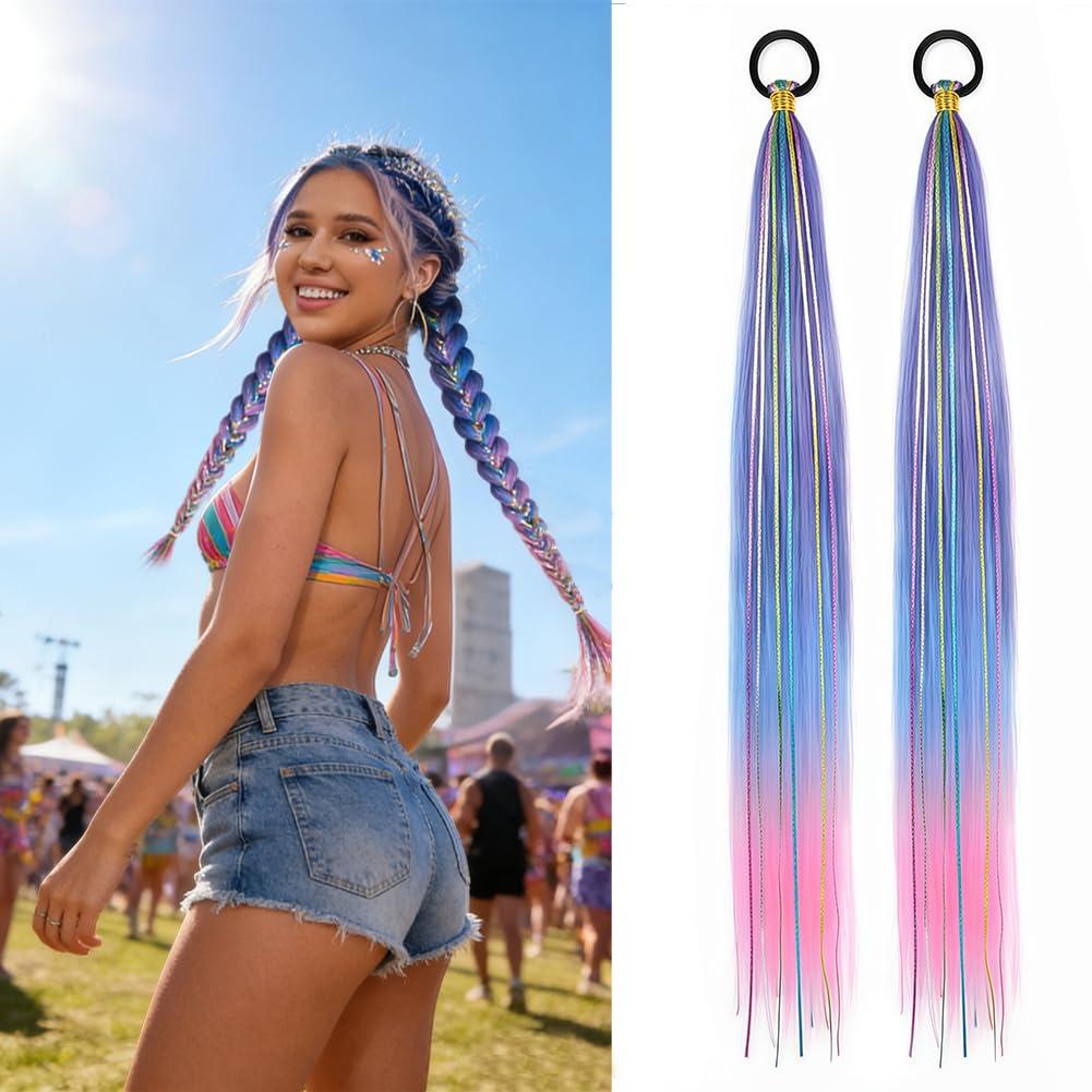 2 PCS 26 Inch Hair Tinsel Ponytail, Blue Pink Gradient Braided Ponytail Hair Extension with Elastic Tie, Straight Sleek Wrap Around Hair Extensions, Glitter Tinsel Synthetic Ponytail Piece