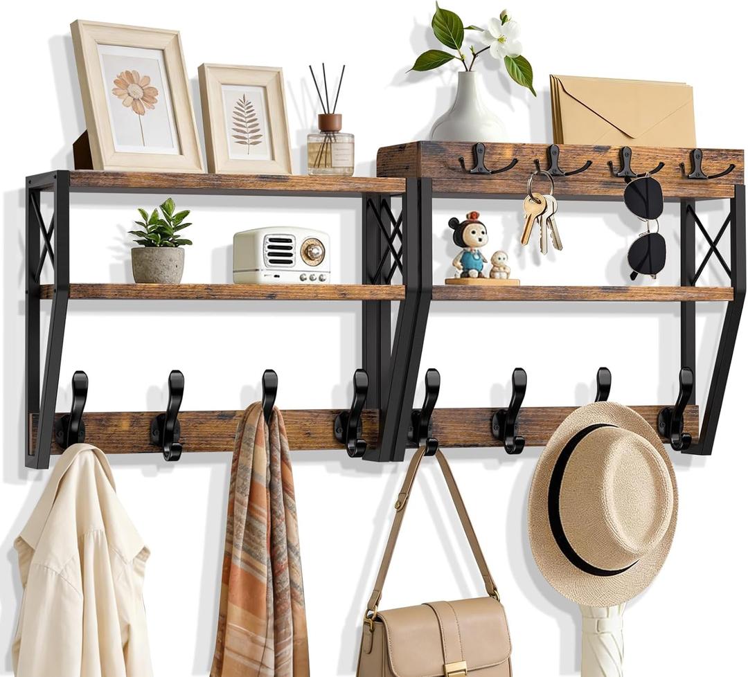 Upgraded 32-inch Coat Rack Wall Mount with Shelf, 4 in 1 Versatile Coat Hanger Key Holder Wall Mount, 3-Tier Entryway Wall Shelf with 12 Hooks and Mail Holder for Living Room Bedroom Bathroom