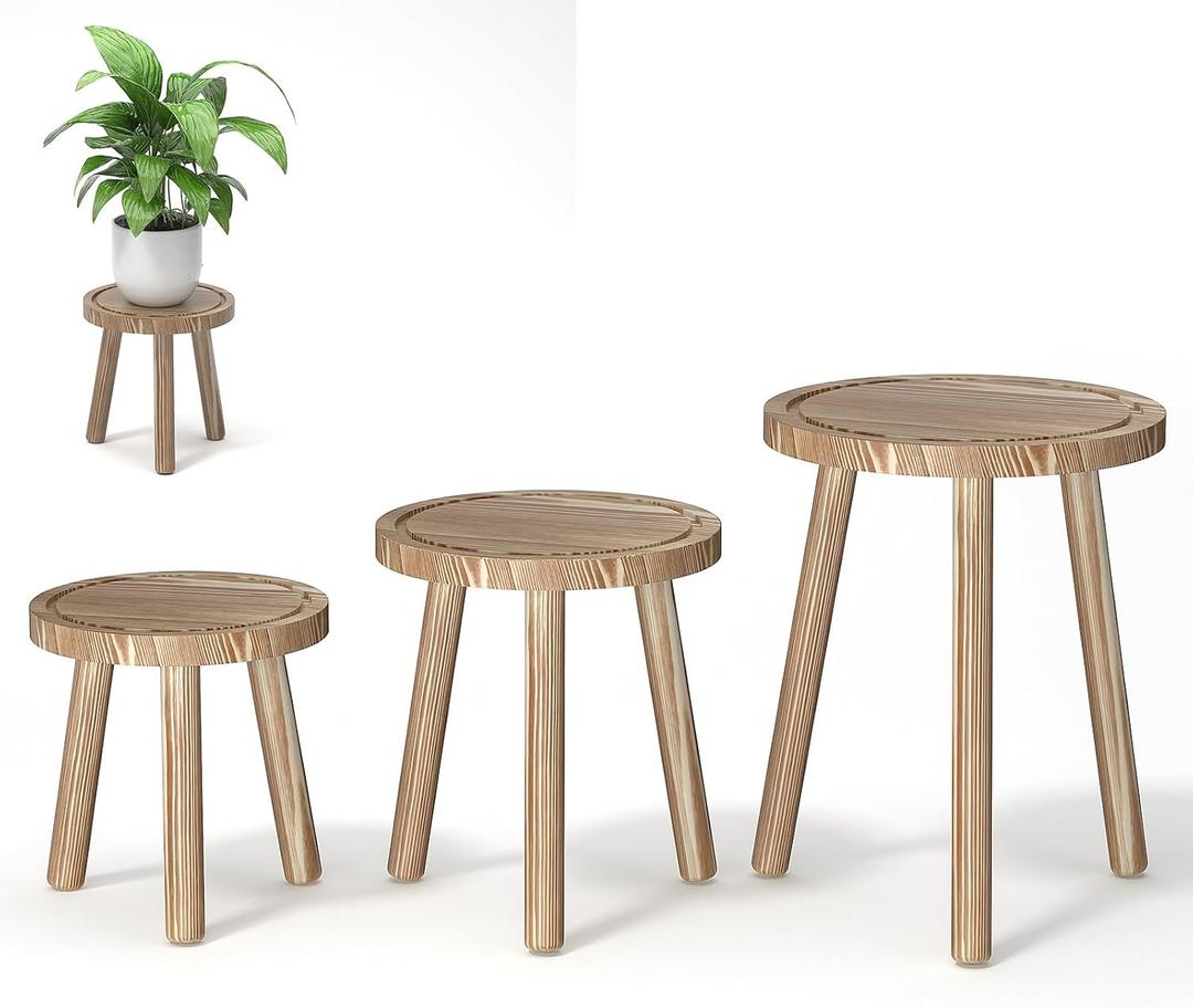 3-Pack Wood Plant Stands Indoor, Single Plant Stand for 6-12 Inch Pots, Mid-Century Modern Plant Stool, Tall Plant Stand for Large Plants for Living Room, Balcony, Office (Light Brown)