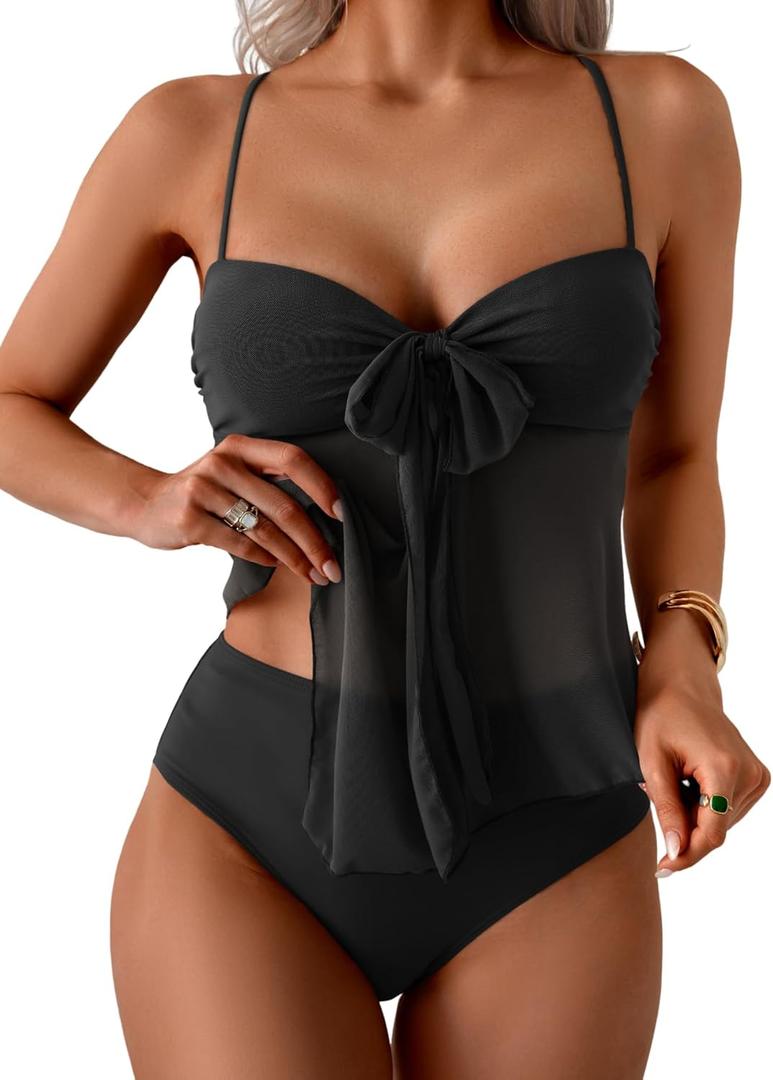 B2prity Womens Mesh Tankini Swimsuits Flowy Two Piece Bathing Suit V Neck Tie Knot Swim Top with High Waisted Bottom (Large, Black)