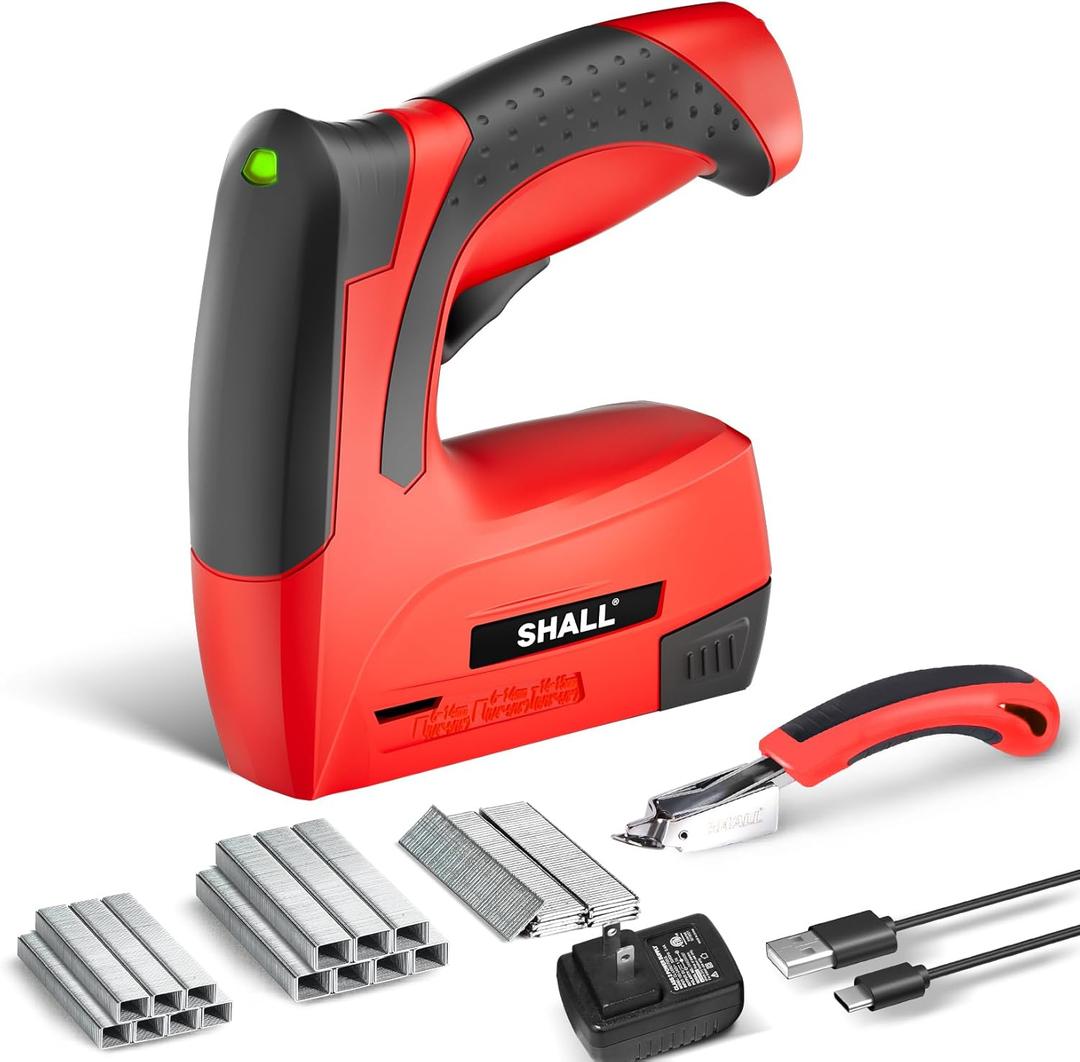 SHALL Electric Staple Gun, 3 in 1 Cordless Upholstery Stapler Nail Gun for Wood, 4V Rechargeable Brad Nailer Kit w/ 2500 Staples Nails, Staple Remover & Fast Charger for Crafts, DIY, Decoration (Red)
